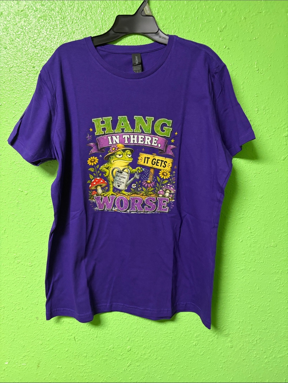 Gildan Purple women’s Tee with Colorful Frog Graphic